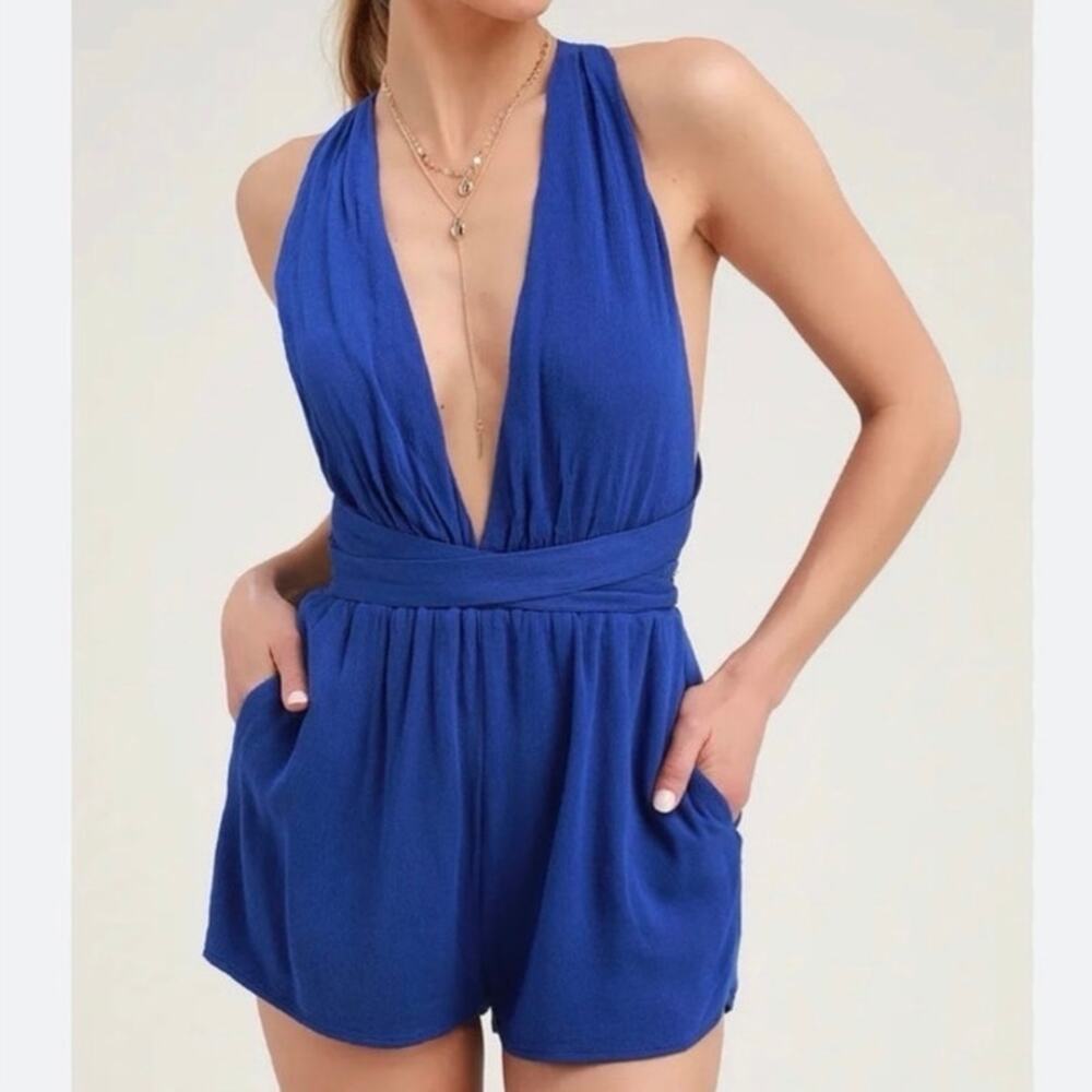Lulus Royal Blue Halter Backless Tie Romper XS Plunge Sleeveless Pockets